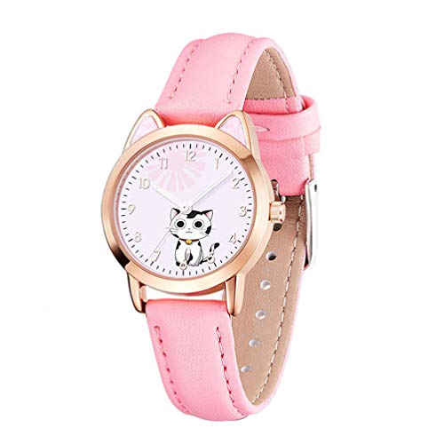 UKCOCO Kinder Uhr Cartoon Schöne Katze Muster Armbanduhr Leucht Zeit Zeiger Quarzuhr für Mädchen Studenten  