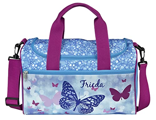 kleine Sporttasche mit Namen | inkl. NAMENSDRUCK | Motiv Schmetterling Butterfly in hell-blau pink | Personalisieren & Bedrucken | Reisetasche für Mädchen  
