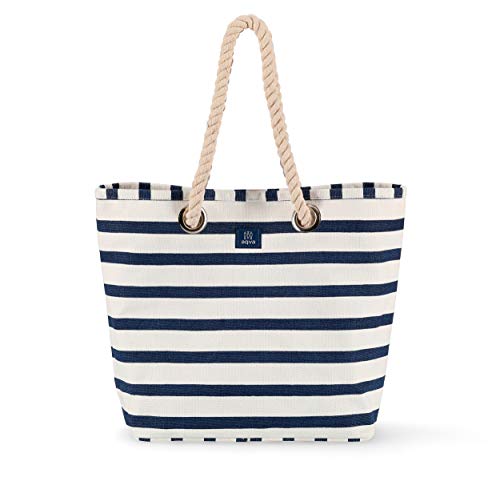 AQVA - KATRIEN Große Tragetasche aus 100% Baumwolle mit Kordelhenkeln; blau weiß gestreift; Einkaufstasche, Strandtasche, Reisetasche (43 x 34 x 16 cm)  