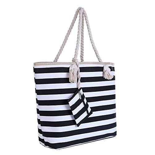 DonDon Große Strandtasche mit Reißverschluss 58 x 38 x 18 cm Maritime Streifen schwarz weiß Shopper Schultertasche Beach Bag  