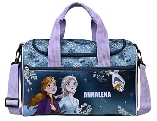 Kleine Sporttasche mit Namen Mädchen | Motiv Frozen Die Eiskönigin | Personalisierbare Reisetasche Tragetasche mit großem Hauptfach (dunkelblau)  