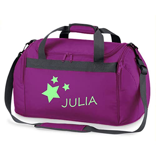Kinder-Sporttasche mit Namen & Sternen | Personalisierte Schwimmtasche Reisetasche Mädchen und Jungen | Kinder Tragetasche zum Umhängen für Schule Sport Reisen (lila)  